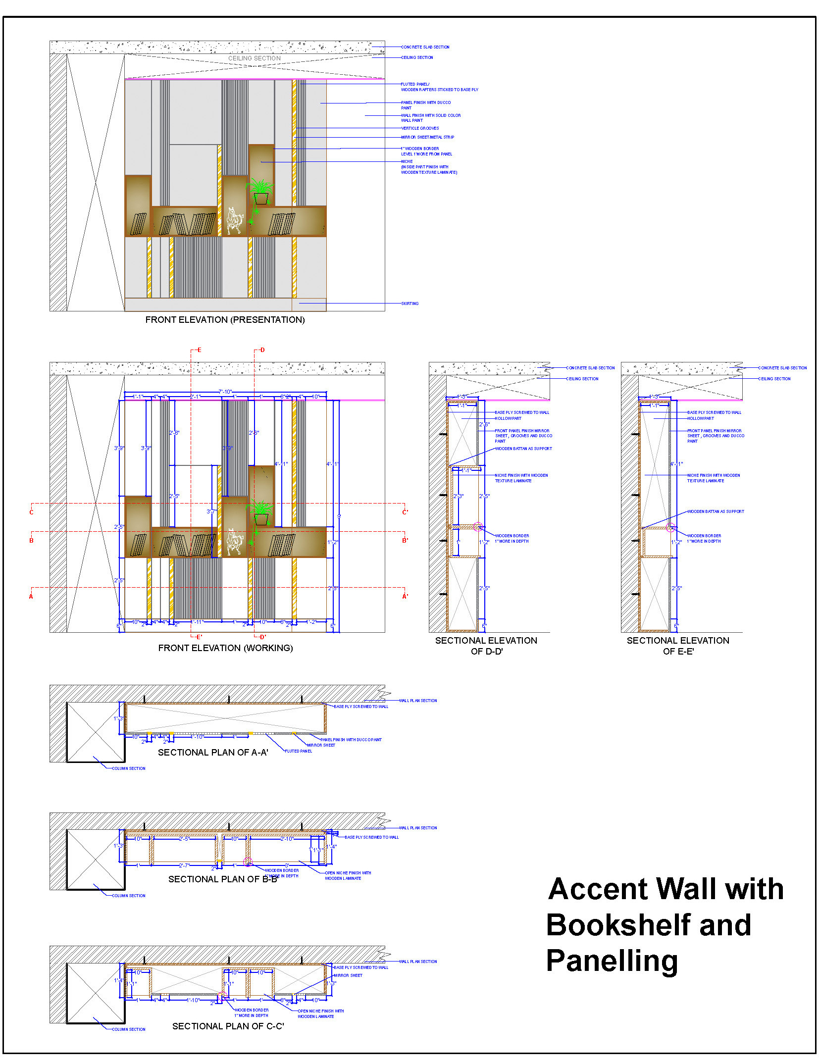 Modern Wall Panelling with Integrated Bookshelf CAD Detail